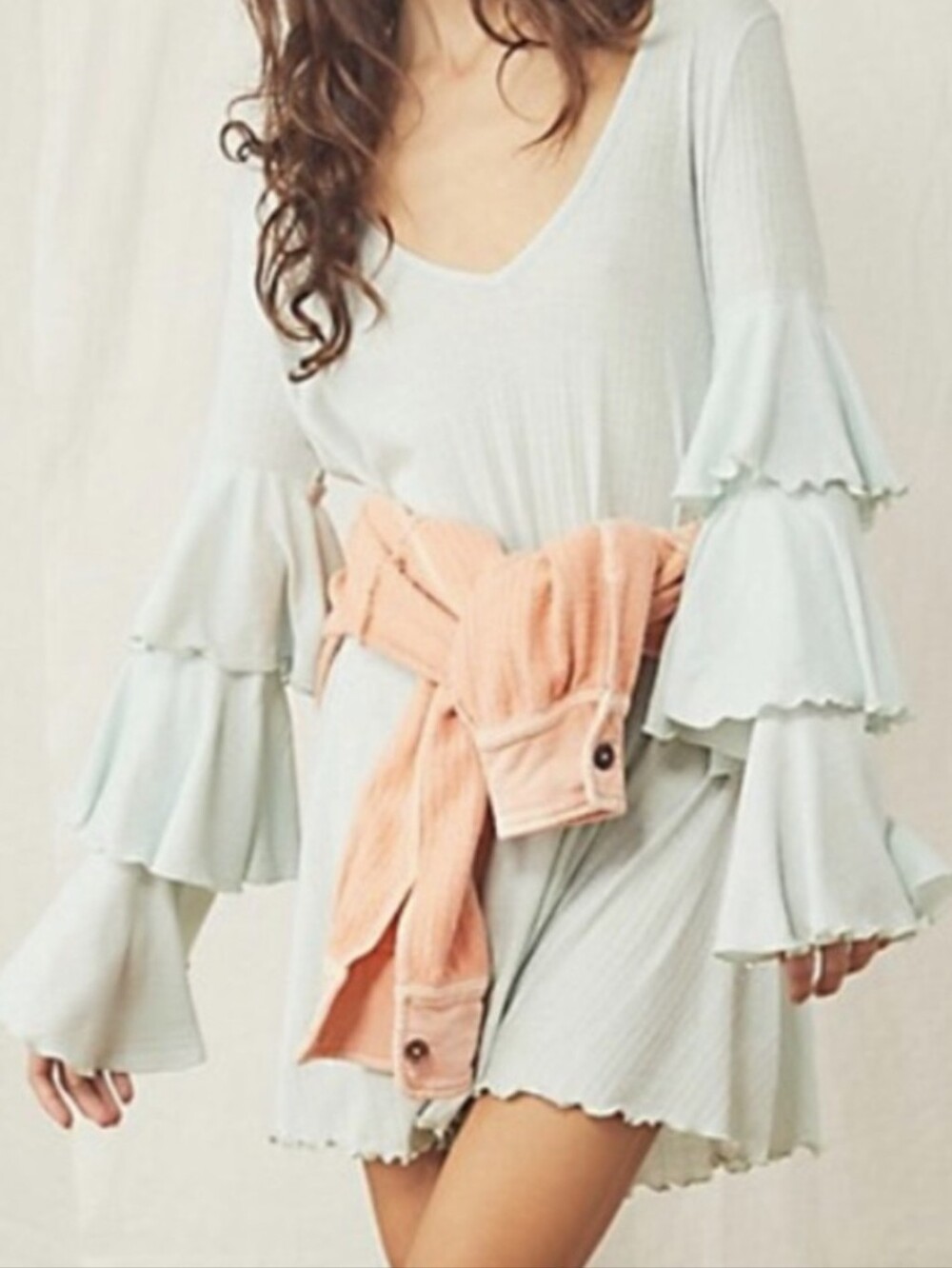 Free People FP Beach Sea Shore Ruffle Tiered Sleeve Mini Dress Light Blue Size S
